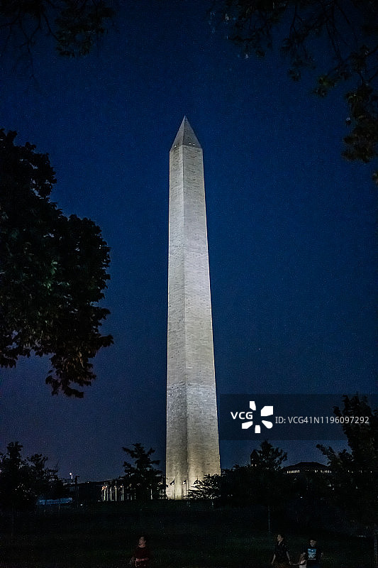 华盛顿特区晴朗夏日傍晚，树丛中若隐若现的华盛顿纪念碑的竖版彩色照片图片素材