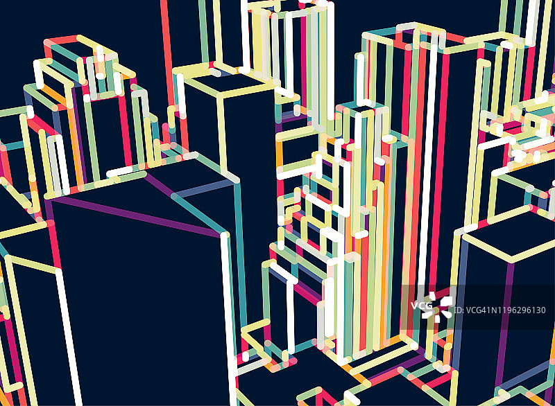 抽象3D彩色城市建筑霓虹灯光结构图片素材