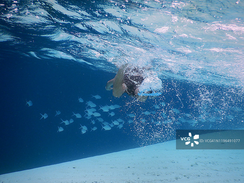 年长的男人在菲哈后岛的马尔代夫泻湖中浮潜图片素材
