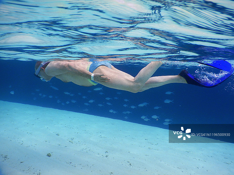 在菲哈后岛热带泻湖浮潜的年长男人图片素材