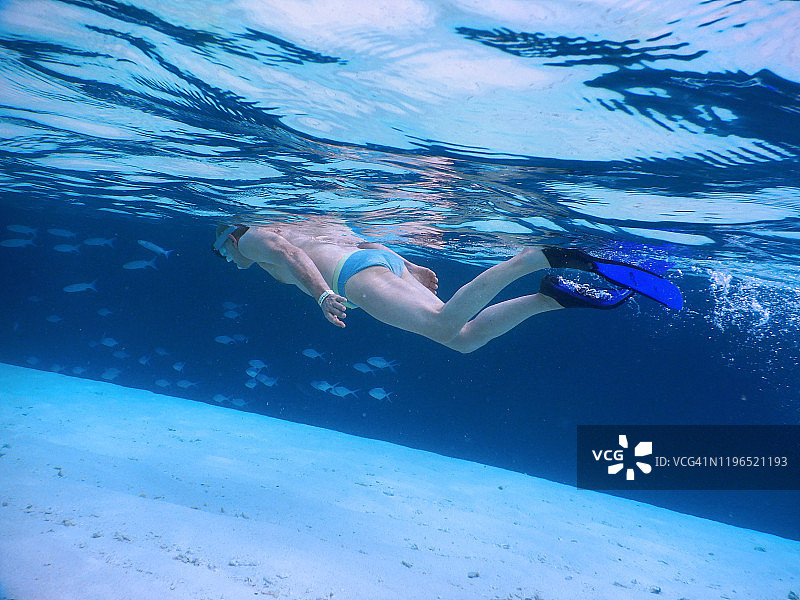 年长的男人在菲哈后岛的马尔代夫泻湖中浮潜图片素材