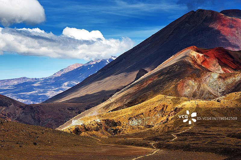 新西兰汤加里罗国家公园：瑙鲁赫伊火山、红火山和中部火山的蓝湖风光图片素材