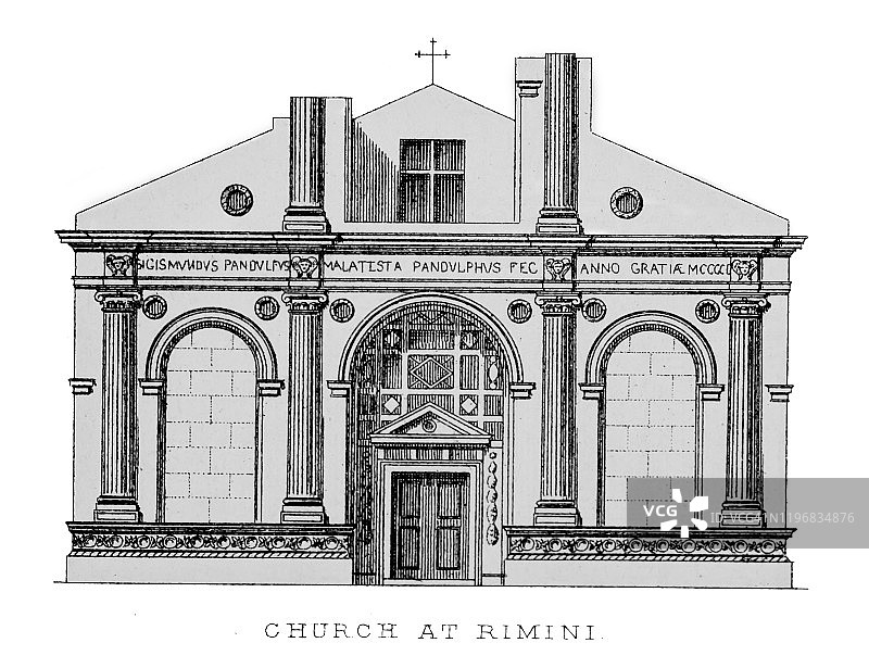 里米尼教堂古老雕刻插图，1894年大众百科全书图片素材