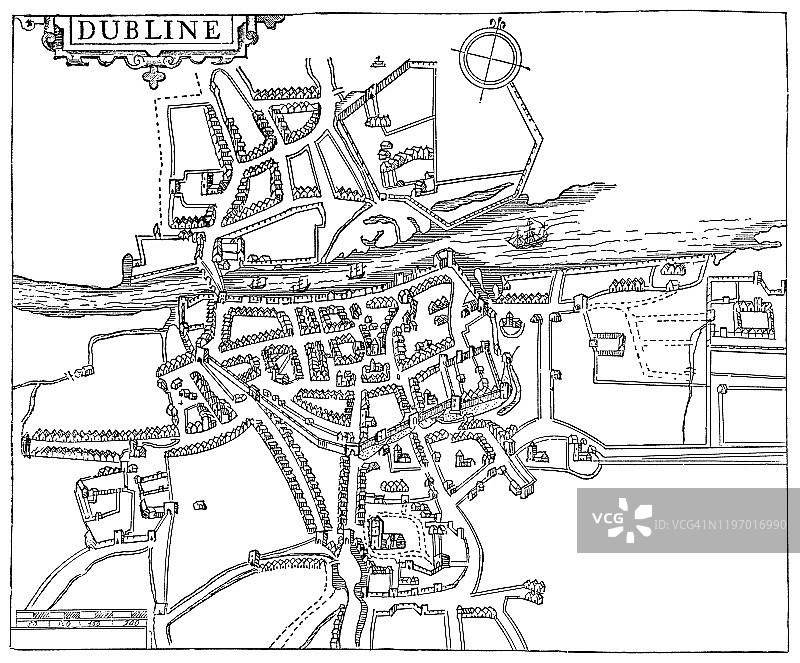 爱尔兰都柏林17世纪古董地图图片素材