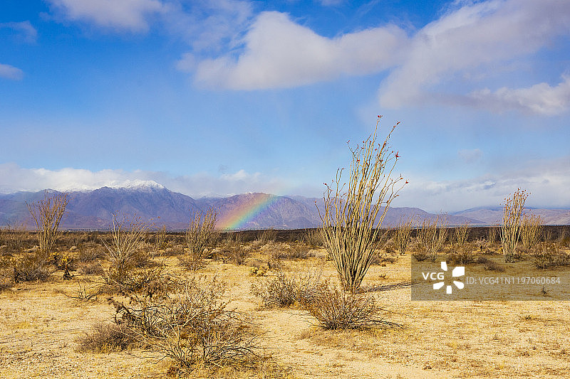 安萨-博雷戈沙漠彩虹与背景雪山图片素材