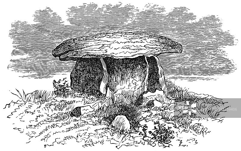 英格兰康沃尔郡的春石墓石棚 - 19世纪图片素材