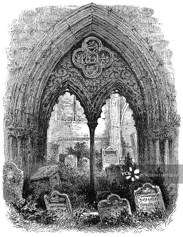 克劳兰修道院的入口，英格兰克劳兰 - 19世纪图片素材