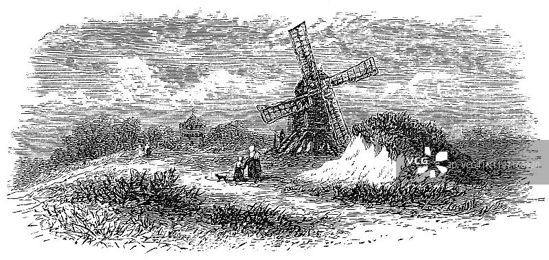 英格兰沃里克郡的泰索风车 - 19世纪图片素材