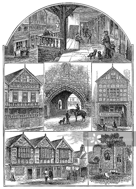 英国切斯特的各种地标 - 19世纪图片素材