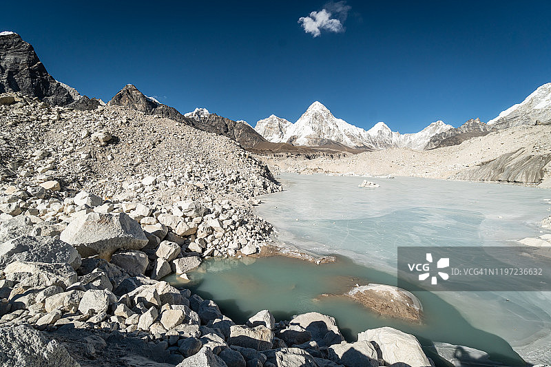 尼泊尔喜马拉雅山脉昆布冰川的冰冻湖泊与普莫里峰图片素材