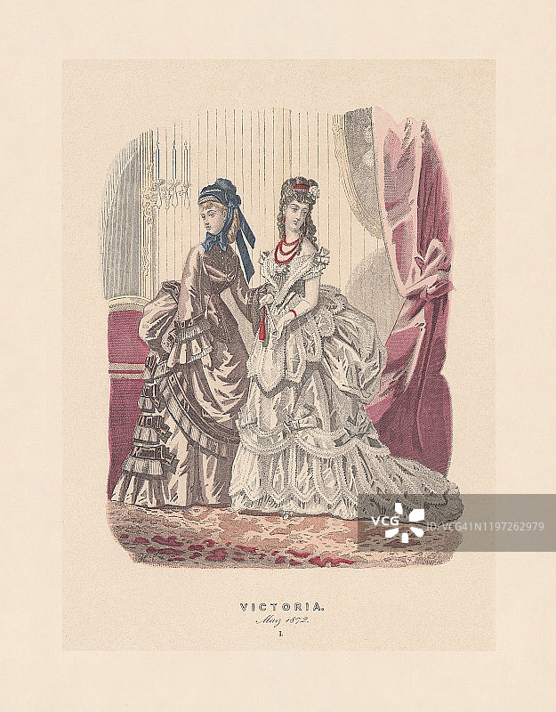 女性时尚，1872年出版的手绘钢版画图片素材