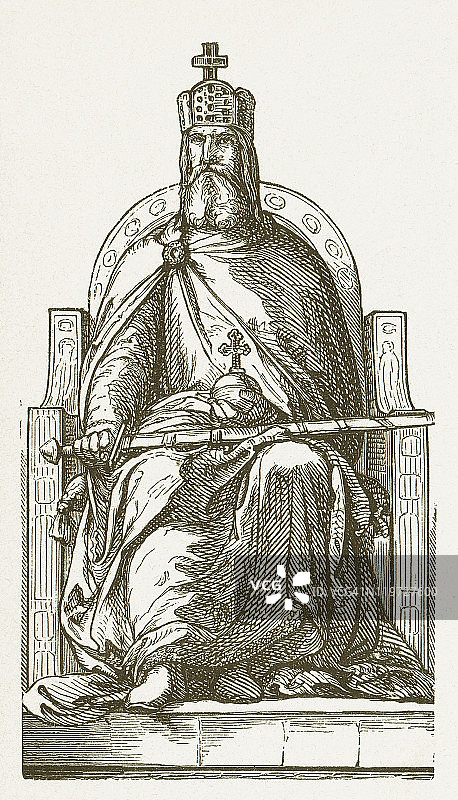 查理曼大帝（可能为742-814年），木刻版画，出版于1877年图片素材