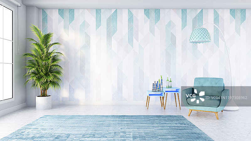 带蓝色扶手椅柜和灯的现代客厅图片素材