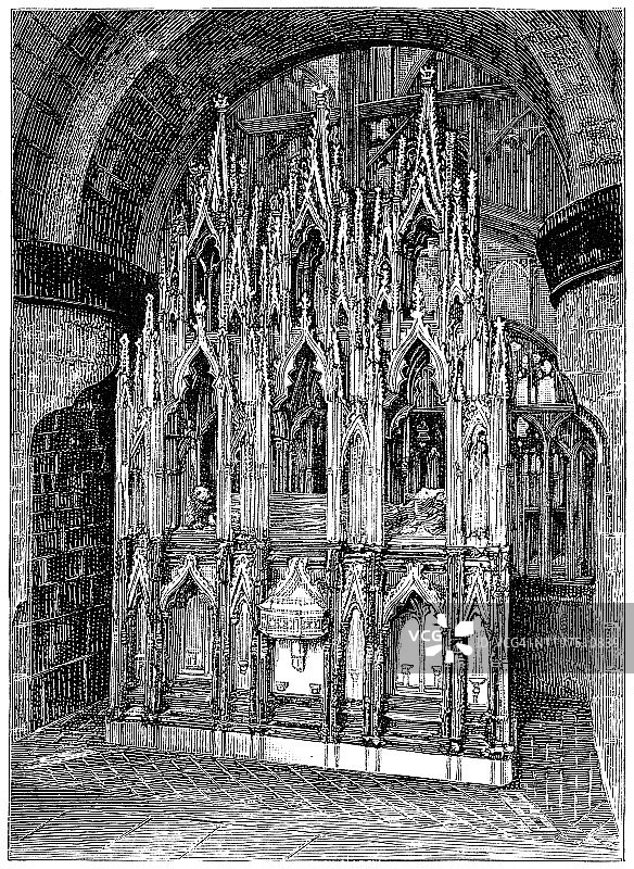 英格兰格洛斯特大教堂的爱德华二世国王墓 - 19世纪图片素材