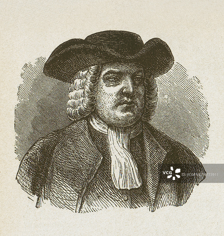 威廉·佩恩（1644-1718），1877年发表的木刻版画图片素材