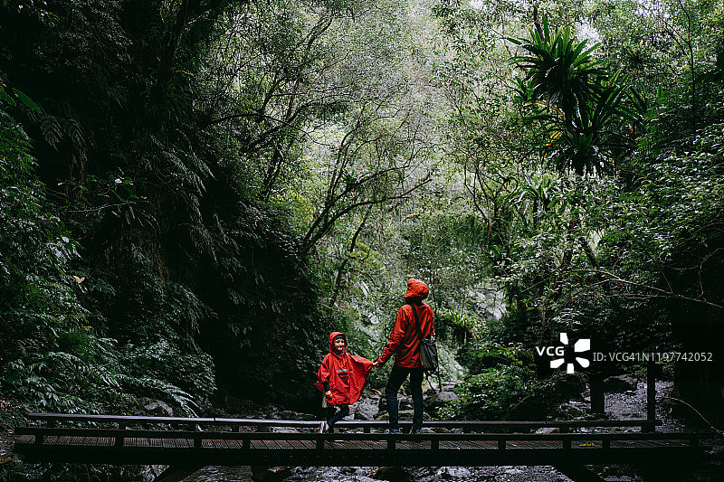 父女在中国台湾的雨林中徒步旅行图片素材