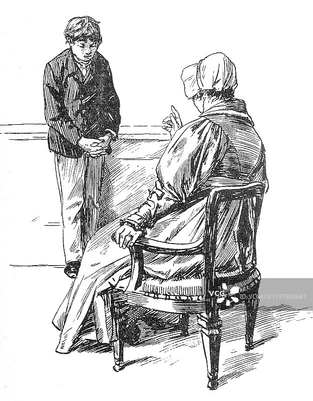 女人坐在宽大椅子上纠正小学生图片素材