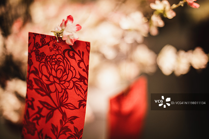 中国新年庆祝：悬挂在樱花树上的红包图片素材