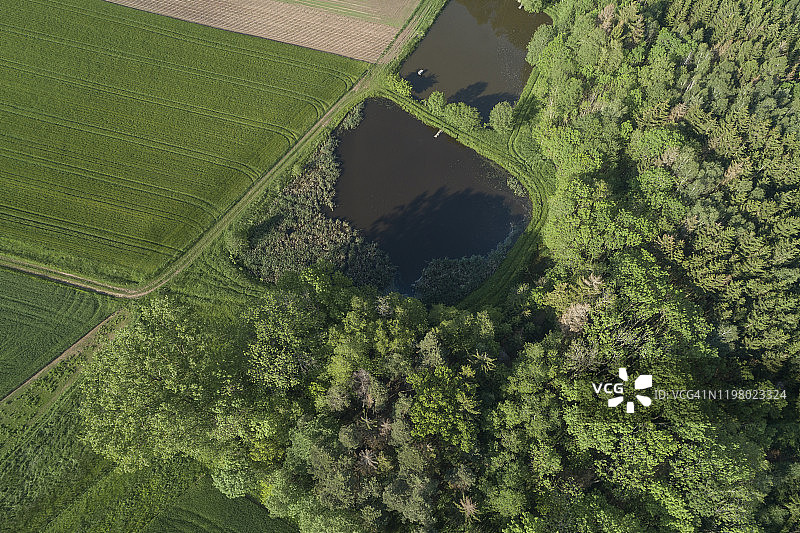 德国巴伐利亚乡村公路航拍：湖泊、农田与森林图片素材