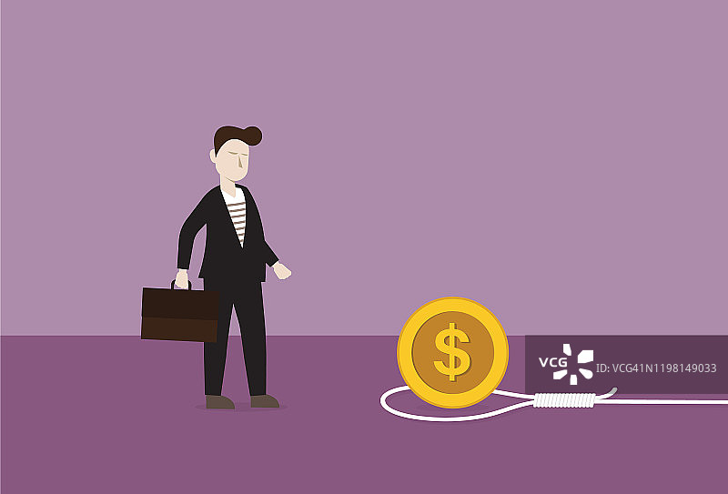 商人看着陷阱里的美元硬币图片素材