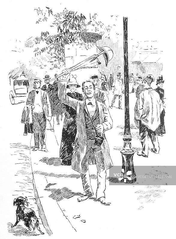 男人在街上打着伞招呼马车图片素材