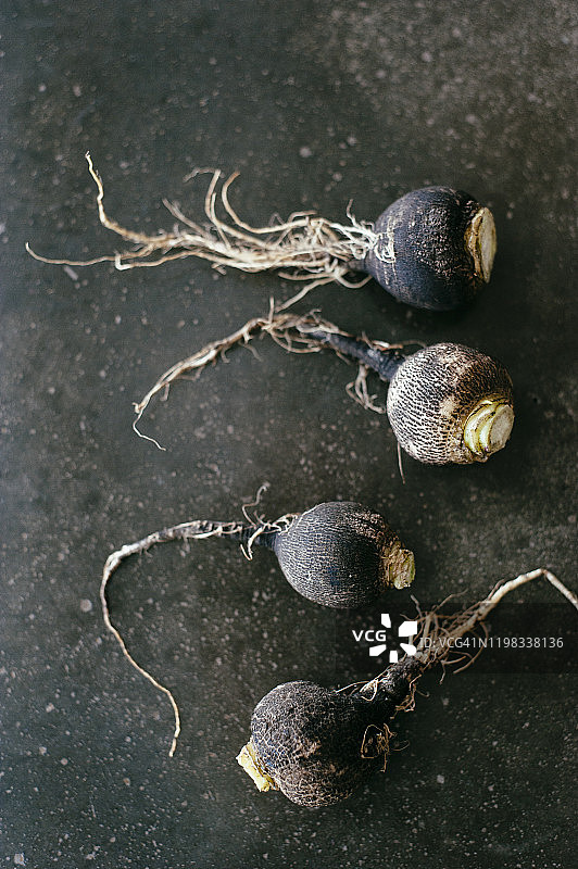 深色桌子上的黑色小萝卜图片素材