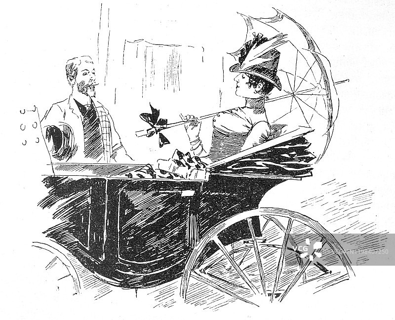 穿着波点裙撑蓬蓬裙的女人在她的马车里调情图片素材