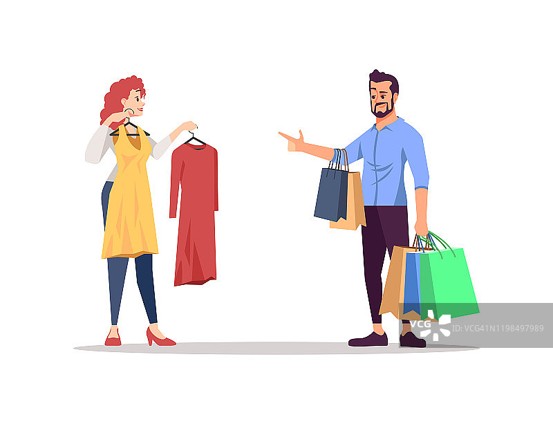 挑选衣服的人们扁平矢量插画：在白色背景下，一对卡通情侣在时尚衣柜购物，一起挑选礼物、手提袋和商品，参加聚会和庆祝活动。图片素材