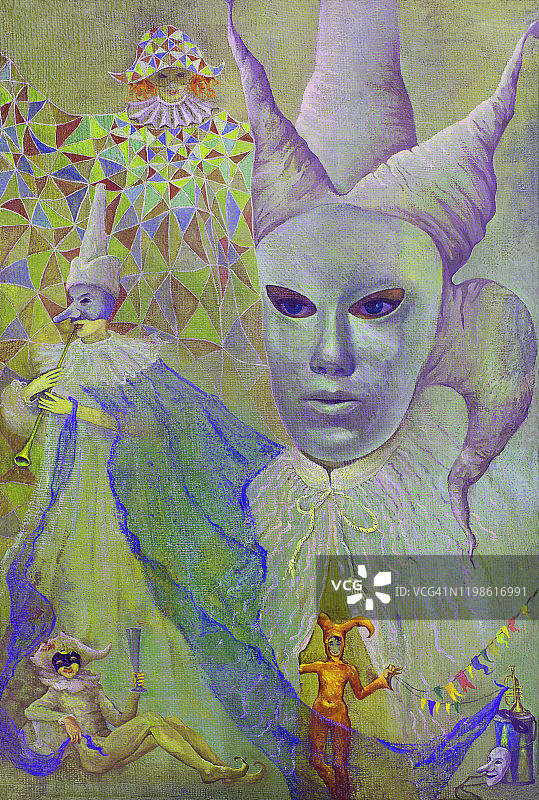 时尚超现实主义油画：狂欢节丑角面具男人竖版肖像图片素材