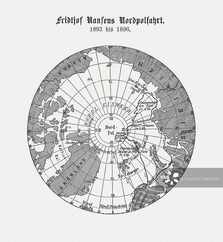 弗里乔夫·南森的北极探险（1893-1896），木刻版画，出版于1898年图片素材