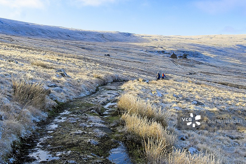 英国奔宁山道上结冰的小路和徒步者图片素材
