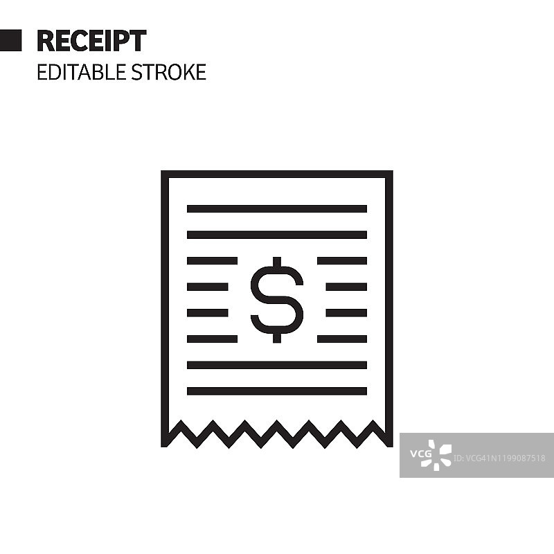收据线条图标，轮廓矢量符号插图，像素完美，可编辑描边图片素材