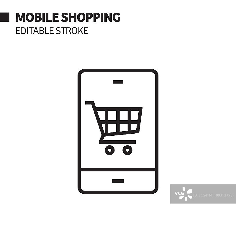 手机购物线性图标：矢量符号插画，像素完美，可编辑描边图片素材