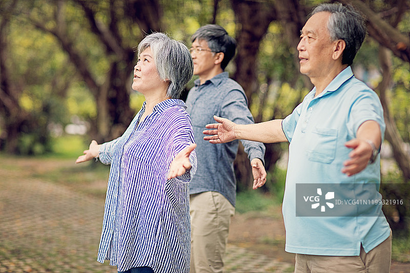 亚洲中年朋友在公园里练习太极拳图片素材