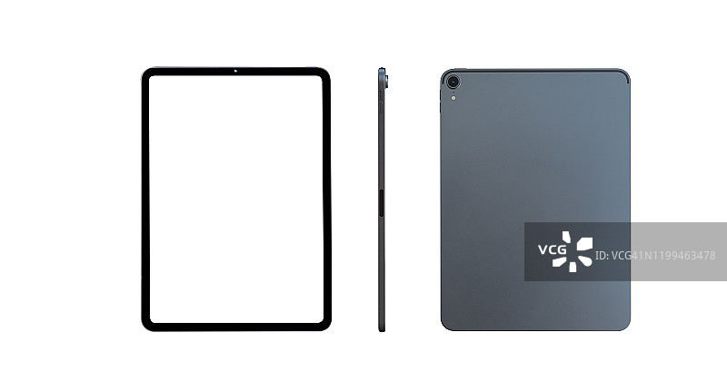 灰色平板电脑，透明隔离屏幕，正面和侧面显示视图图片素材