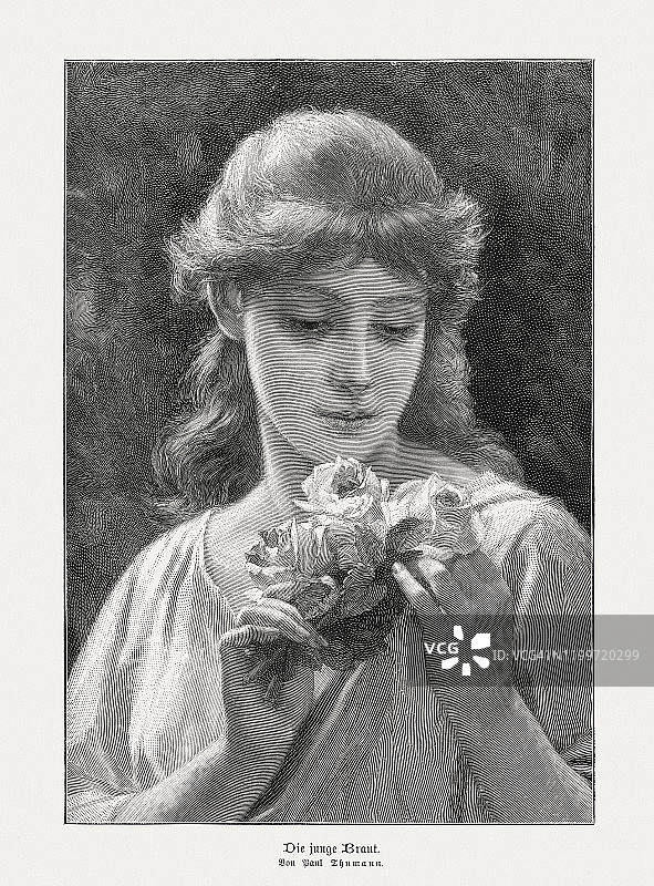 1899年发布的木刻版画：年轻的新娘图片素材