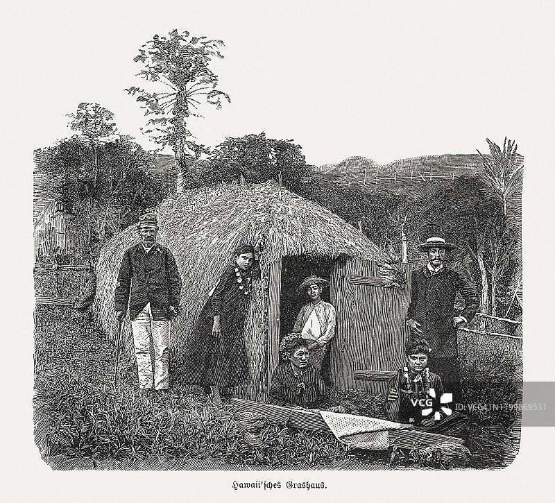 夏威夷草屋木刻版画，1899年出版图片素材