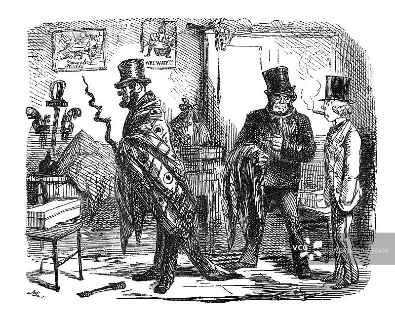 英国讽刺漫画：两个男人看着裹在毯子里的男人——走私者图片素材