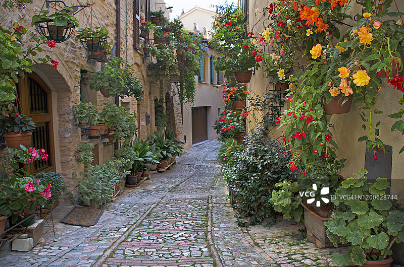 斯佩洛的乡村鲜花中世纪小巷图片素材