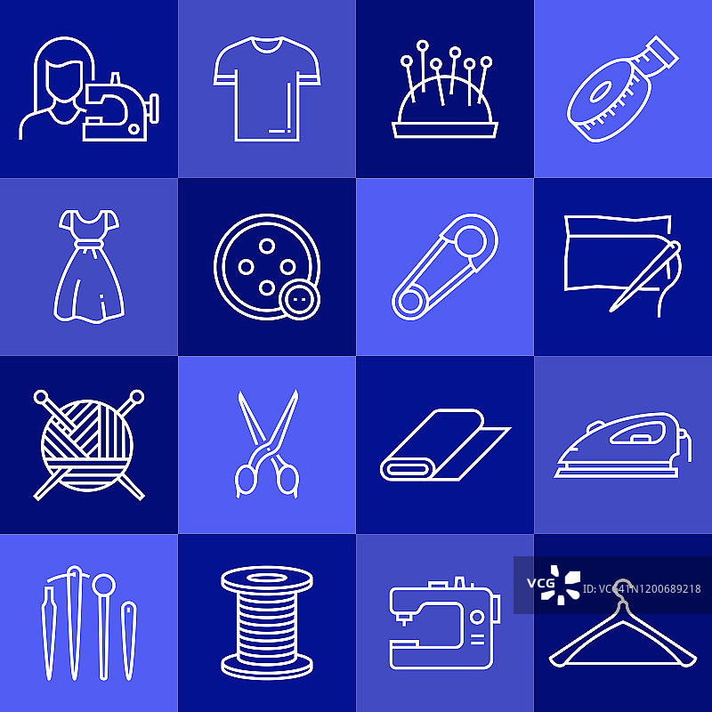 缝纫相关的矢量线图标的简单设置。大纲符号集合图片素材