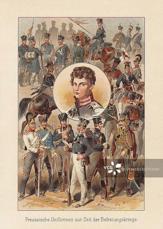 拿破仑战争时期的普鲁士军装（1803-1815），1897年彩色石印图片素材
