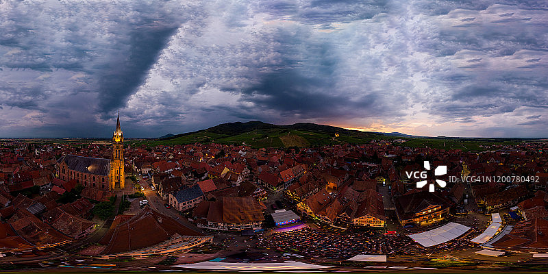 阿尔萨斯丹巴赫镇360度球形全景无人机航拍图片素材