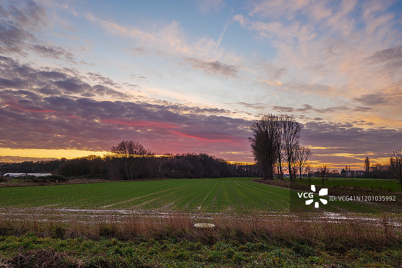 德国乡村农田暴雨后美丽的紫色、粉色、蓝色和橙色云彩和天空，天空变粉现象，日落时分的雨层云。图片素材