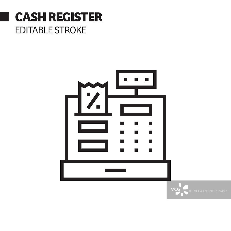 收银机线性图标，轮廓矢量符号插图。像素完美，可编辑笔画。图片素材