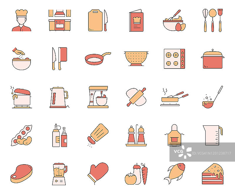 与烹饪相关的矢量线性图标，轮廓符号集合图片素材