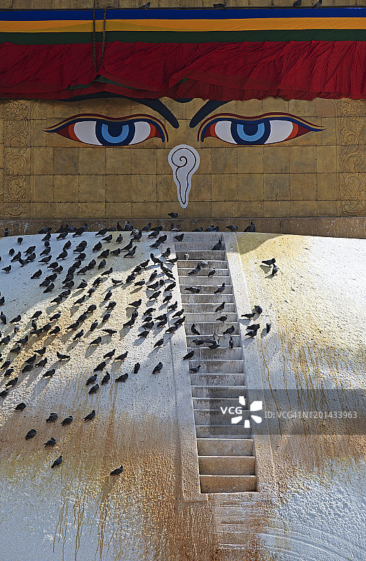 加德满都博达哈佛塔的哈米卡和穹顶细节图片素材