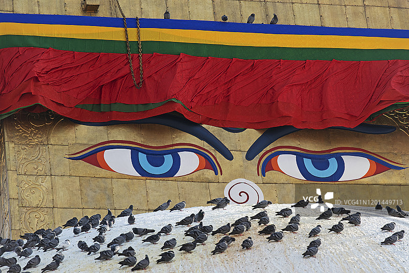 加德满都博达哈佛塔的哈米卡和穹顶细节图片素材