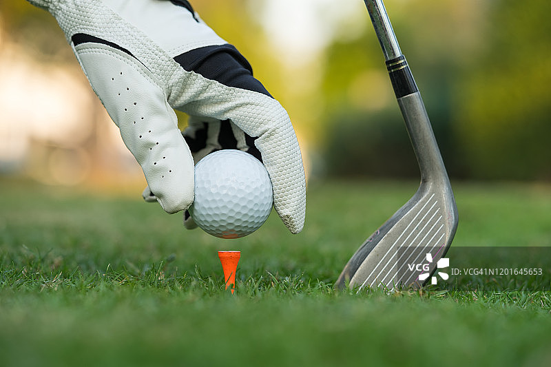 手将高尔夫球放在高尔夫球场的球座上图片素材