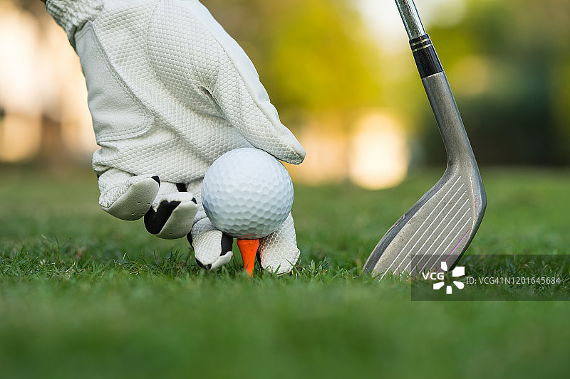 手将高尔夫球放在高尔夫球场的球座上图片素材