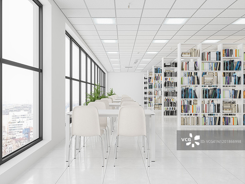 图书馆内的书架和桌椅图片素材
